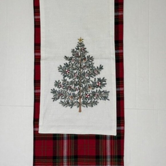 Shabby Chic 2 Piece Christmas Table Runner Embroidered Tree Tartan Plaid NWT - Picture 9 of 12